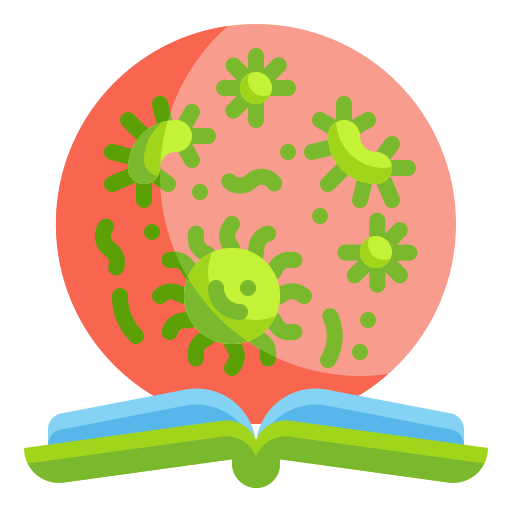 Bacteria, book, education, learning, loupe, search, virus icon