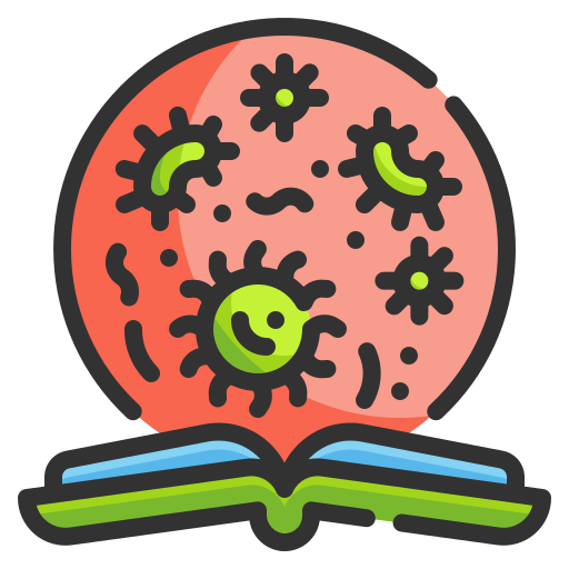 Bacteria, book, education, learning, loupe, search, virus icon