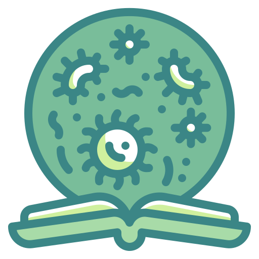 Bacteria, book, education, learning, loupe, search, virus icon