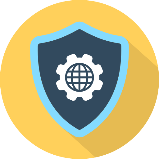Cog, earth, security, settings, shield icon