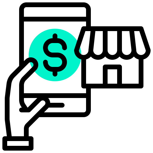 Dollar, e, hand, online, shop, smartphone icon