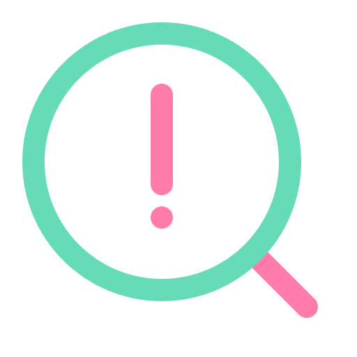 Search, warning, blue, pink, zoom icon