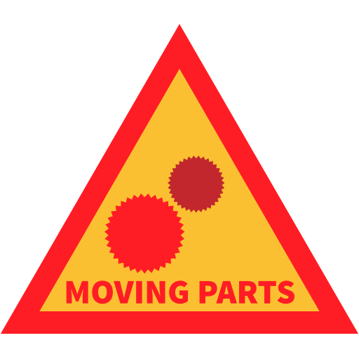 Warning, attention, moving parts, cog icon