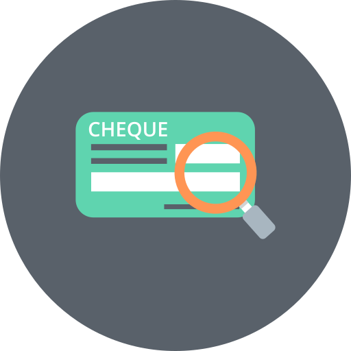 Banking, cash, check, cheque, explore, finance, magnifier icon