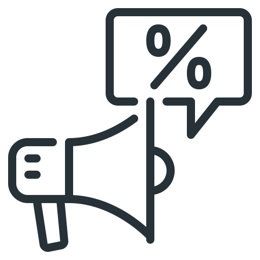 Advertising, discount, marketing, mouthpiece, percent icon