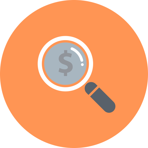 Coin, currency, dollar, explore, funding, investment, magnifier icon