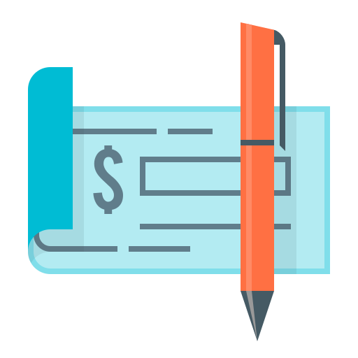 Bank check, check, pen icon