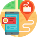 food and restaurant,interface,smartphone,app,maps and location,cellphone,commerce,restaurant,takeaway,lunch,telephone,location pin,route,order,ordering