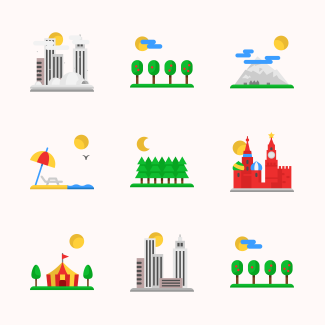 Landscapes flat color icons pack