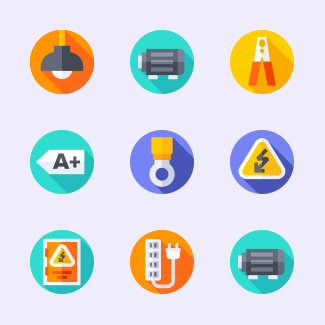 Electrician tools and elements icons pack