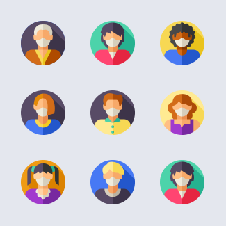 Avatars with medical masks icons pack