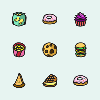 Cartoon snack icons pack