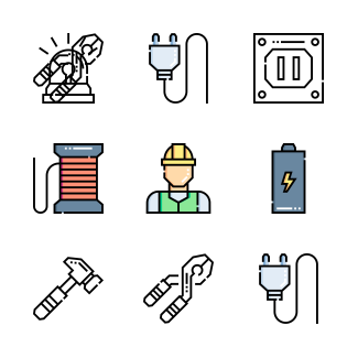 Electrician tools and elements icons pack
